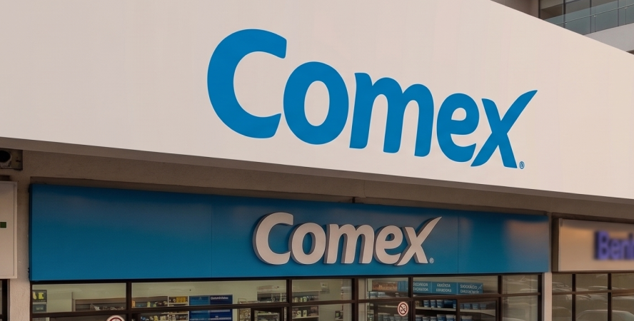 rótulo logotipo COMEX, en tienda